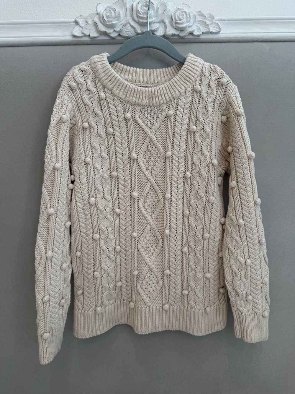Peek Kids Cream Cable-Knit Pom Pom Crew Sweater 100% Cotton